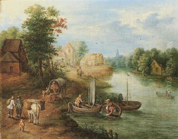 A View Of A Riverside Village With Fishermen And Travellers On A Path by Theobald Michau