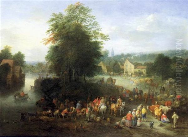 Village Flamand Pres De La Riviere Avec Une Scene De Marche Oil Painting by Theobald Michau