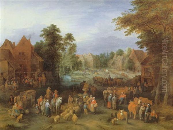 A Village Scene With Numerous Peasants And Their Livestock Oil Painting by Theobald Michau