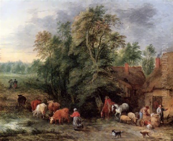 Bewaldete Landschaft Mit Bauern, Hirten Und Vieh Vor Bauernhausern Oil Painting by Theobald Michau