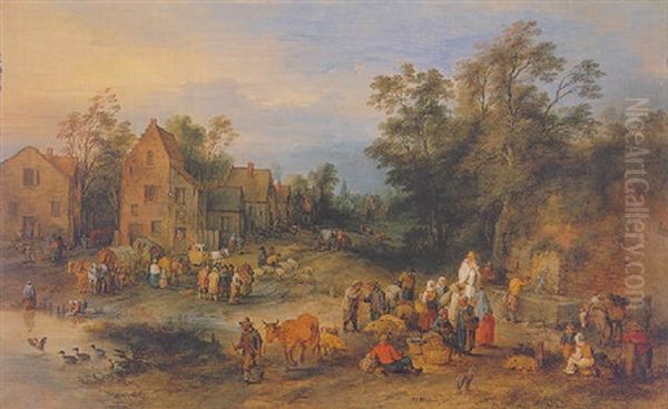 A Lively Village Scene With Peasants Talking And Resting By A Fountain, A Pond Nearby Oil Painting by Theobald Michau