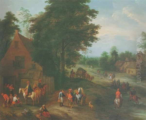 Landscape With Figures Outside An Inn, A Troop Of Horses Passing A Village Beyond Oil Painting by Theobald Michau