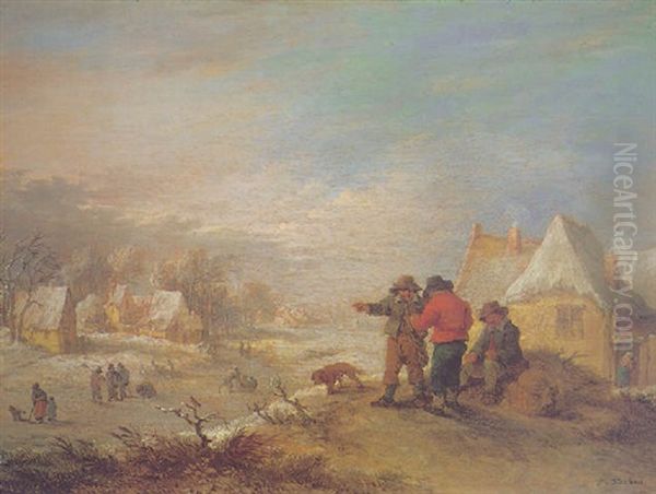 A Winter Landscape With Three Peasants Resting, Other Figures On A Frozen River Beyond Oil Painting by Theobald Michau