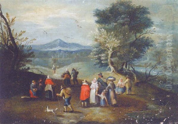 A Wooded Landscape With Travellers Halting By A River Oil Painting by Theobald Michau