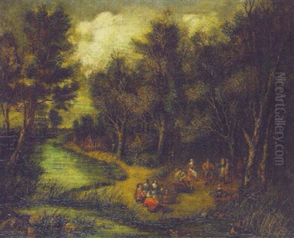 A Wooded Landcape With Peasants Dancing On A River Bank Oil Painting by Theobald Michau