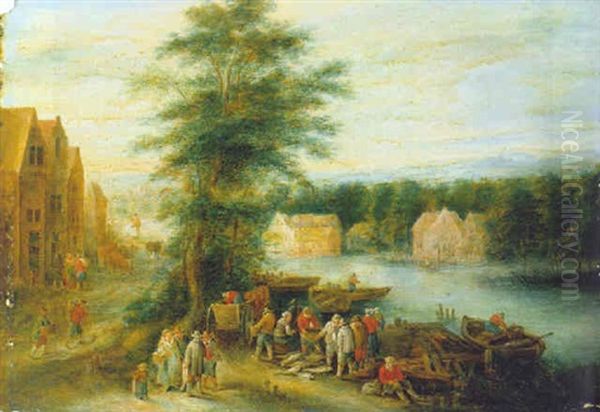 A River Landscape With Fishermen Unloading Their Catch At A Village Landing Stage Oil Painting by Theobald Michau