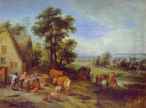 Weite Flandrische Landschaft Mit Wascherinnen Vor Einem Bauernhaus, Rindern, Schweinen Und Einem Bauern Mit Zwei Pferden And Der Tranke Oil Painting by Theobald Michau