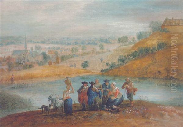 Peasants And Travellers Resting In A Landscape Oil Painting by Theobald Michau