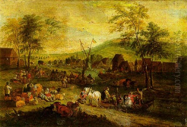 A Crowded River Landscape Scene With Peasants And Animals Oil Painting by Theobald Michau