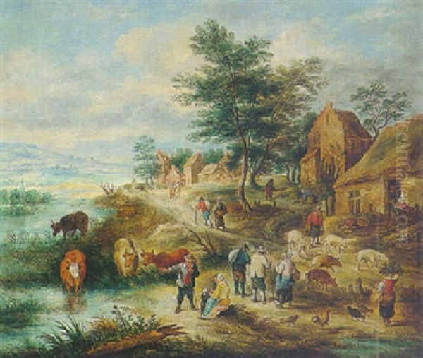 A River Landscape With Country Folk, Cattle And Pigs Along The River Bank Oil Painting by Theobald Michau