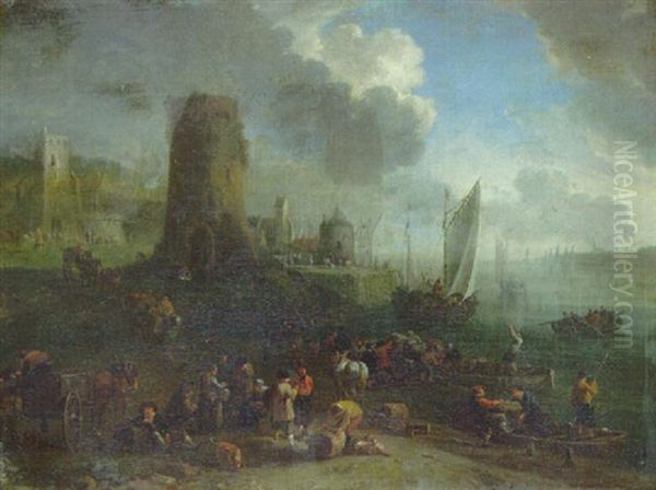 A Harbour Scene With Merchants And Porters Oil Painting by Theobald Michau