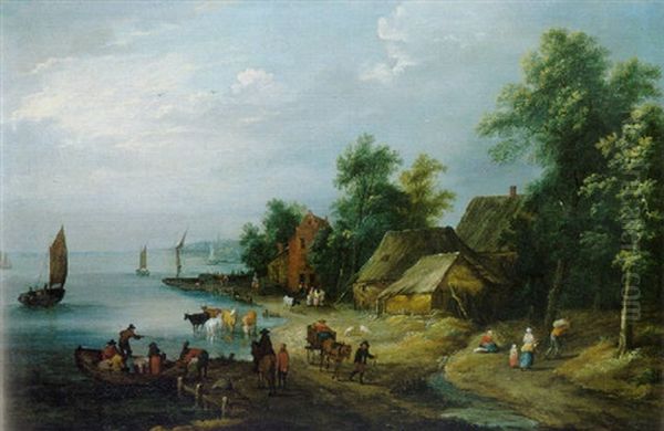 Village De Pecheurs Au Bord De L'estuaire Oil Painting by Theobald Michau