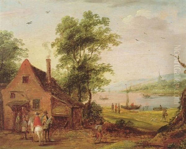 Landschaft Mit Zwei Reitern Vor Einem Gasthaus Oil Painting by Theobald Michau