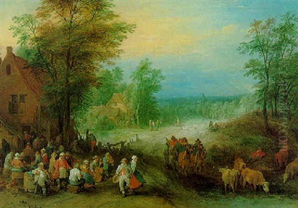 An Extensive Wooded Landscape With Villagers Dancing Outside An Inn Oil Painting by Theobald Michau