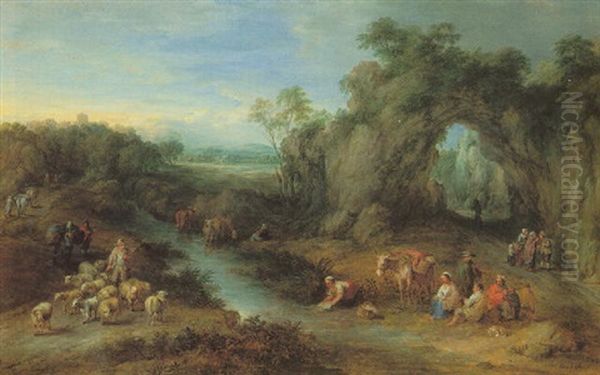 A Shepherd, Washerwoman, And Other Figures By A Brook Oil Painting by Theobald Michau