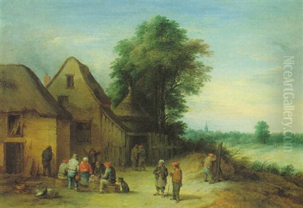 Landscape With Figures Outside Some Rustic Buildings Oil Painting by Theobald Michau