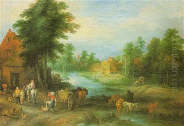 Village Landscape With Farmers Unloading Their Produce, With Cattle Drinking From A Stream Oil Painting by Theobald Michau