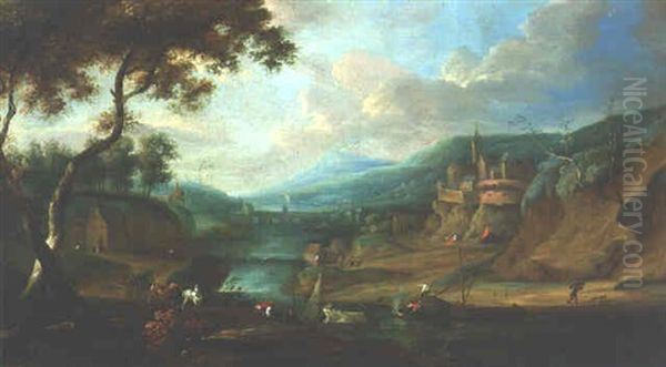 A River Landscape With Peasants By A Moored Ferry Oil Painting by Theobald Michau