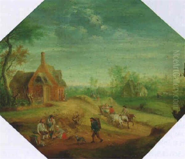 A Landscape With Peasants On A Track Near A Village Oil Painting by Theobald Michau