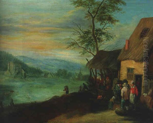 An Extensive Landscape With Peasants Outside A Barn by Theobald Michau