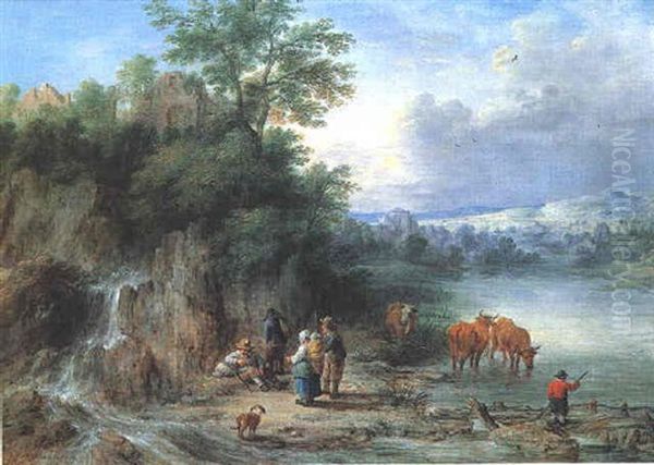 Le Repos Des Bergers Pres D'une Cascade Dans La Campagne Flamande by Theobald Michau