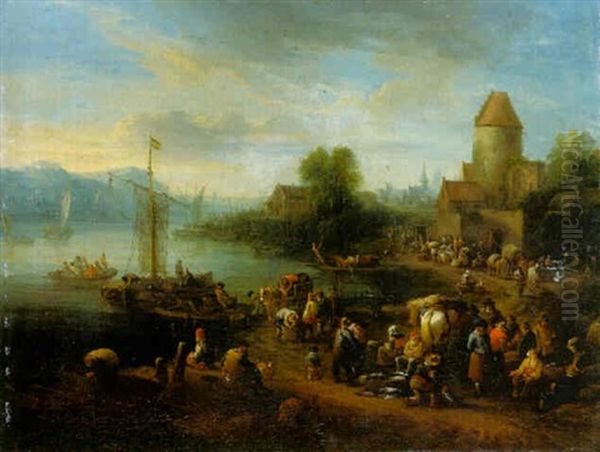 A Village On An Estuary With Fishermen Unloading Their Catch Oil Painting by Theobald Michau