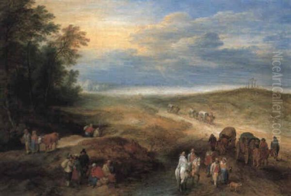 An Extensive Landscape With Horsemen And Travellers On A Track Oil Painting by Theobald Michau