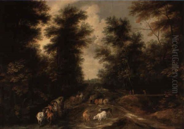 A Wooded Landscape With Wagons, Cattle And Travellers On A Track Oil Painting by Theobald Michau