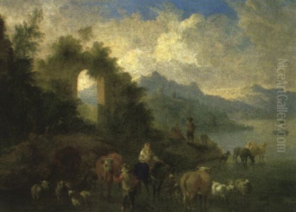 An Italiante Landscape With Drovers Watering Cattle At A Lakeside Oil Painting by Theobald Michau