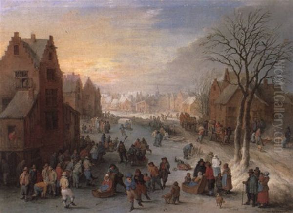 Winter Townscape With Numerous Figures Skating On A Frozen River Oil Painting by Theobald Michau