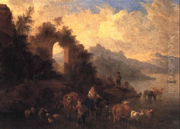 Italianate Landscape With Drovers Watering Cattle Oil Painting by Theobald Michau