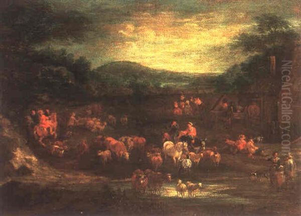 Troupeau S'abreuvant Aux Abords De La Ferme Oil Painting by Theobald Michau