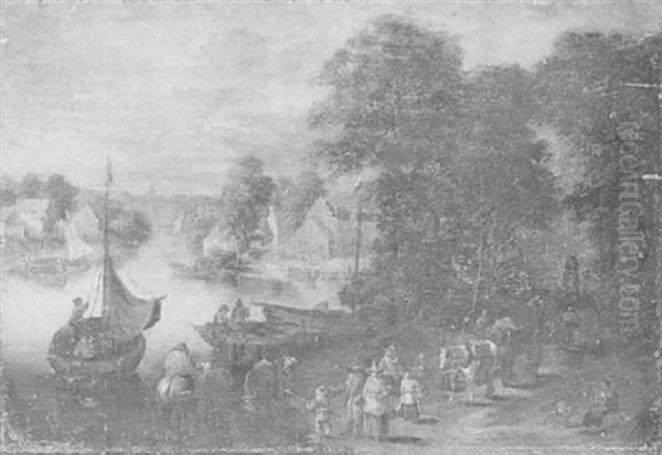 Landscape With Peasants, Cattle And A Waggon On The Banks   Of A River Near A Village Oil Painting by Theobald Michau