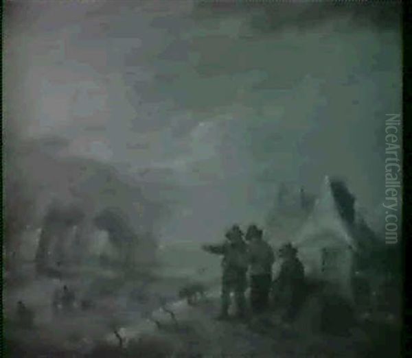 Group Of Peasants Near A Frozen Canal Oil Painting by Theobald Michau