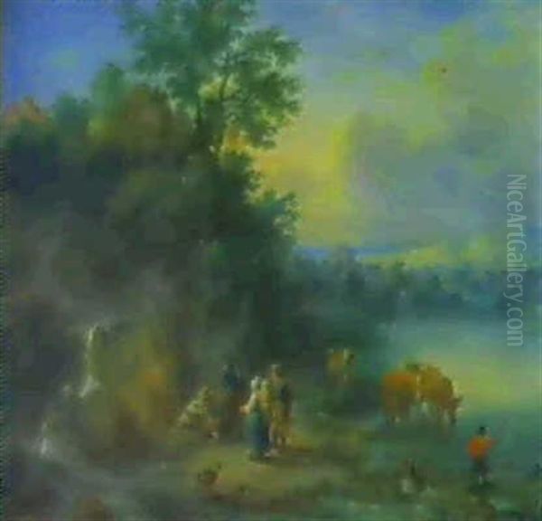 A Landscape With Peasants And Cattle By A River Oil Painting by Theobald Michau