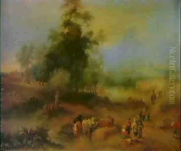 An Extensive Landscape With Peasants And Cattle Beside A    Stream Oil Painting by Theobald Michau