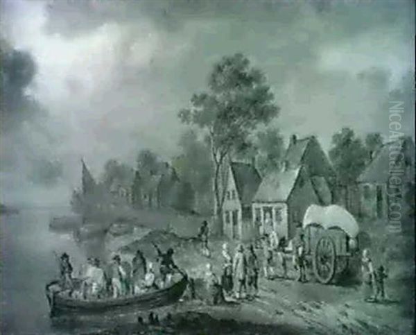 Figures Embarking From A Ferry By A Village Oil Painting by Theobald Michau