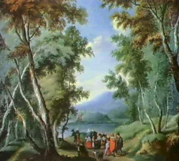 A Wooded Landscape With Fruit Sellers And Other             Figures On A Path, A River Beyond Oil Painting by Theobald Michau