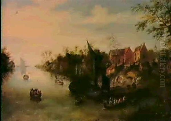 A River Landscape With Boats Near A Village Oil Painting by Theobald Michau