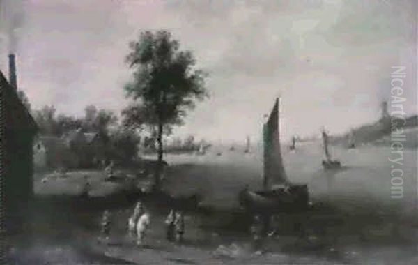 River Landscape With Figures By A Village Oil Painting by Theobald Michau