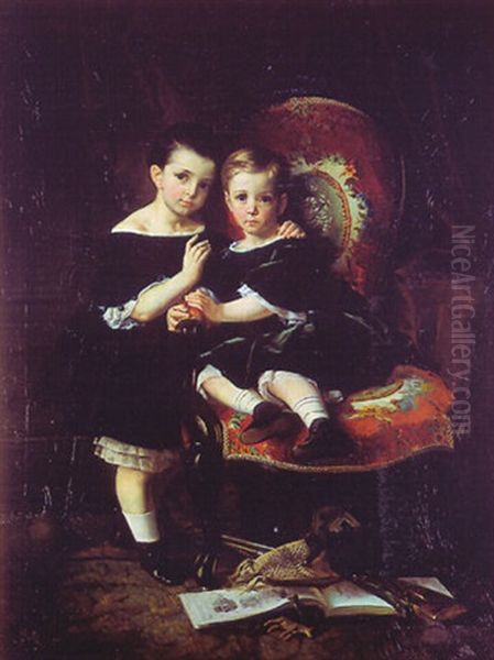 Portrait De Deux Enfants Dans Un Interieur Oil Painting by Hippolyte Michaud