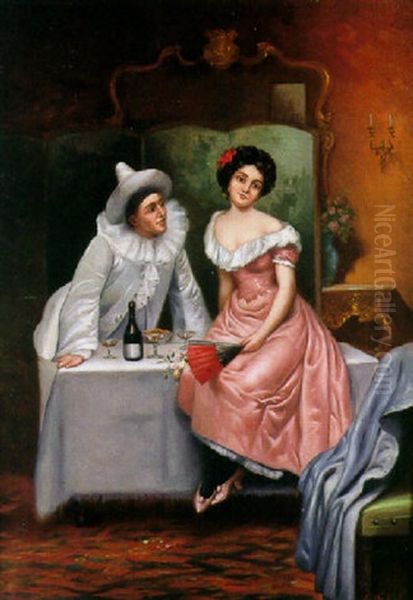 Dama Con Pierrot Oil Painting by Emile Francois Michel