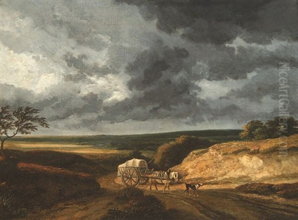 Verhangene Wolken Uber Weiter Landschaft Mit Bauernwagen Oil Painting by Georges Michel