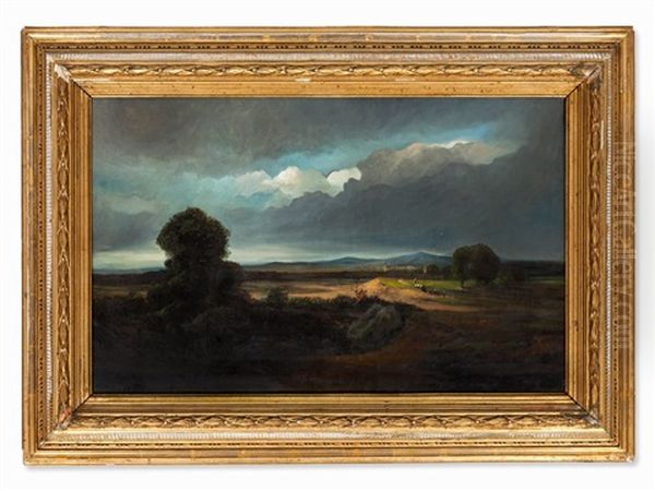 Fields In Stormy Atmosphere, 19th C. Oil Painting by Georges Michel