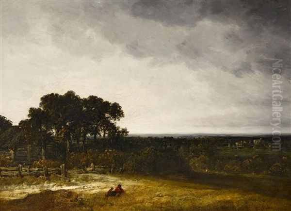 Weite Baumbestandene Landschaft Mit Personen Am Waldrand Oil Painting by Georges Michel