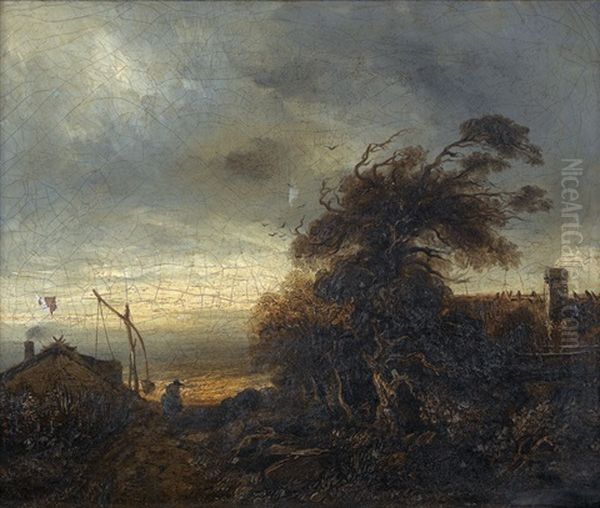 Sturmische Landschaft Mit Hausern Und Bauerin by Georges Michel