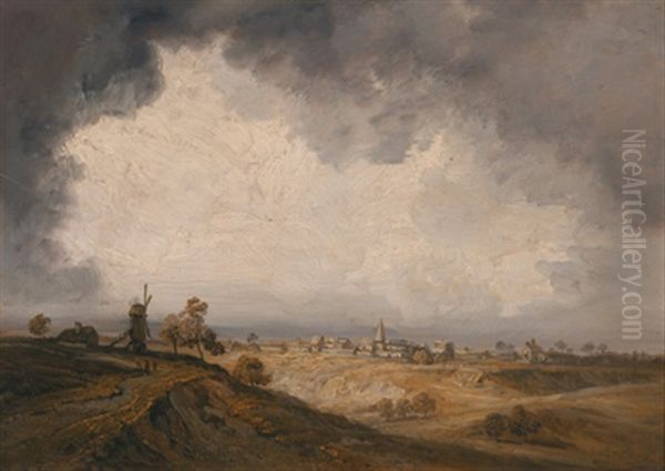 Landschaft In Der Umgebung Von Paris Mit Einer Windmuhle Und Einem Dorf Oil Painting by Georges Michel