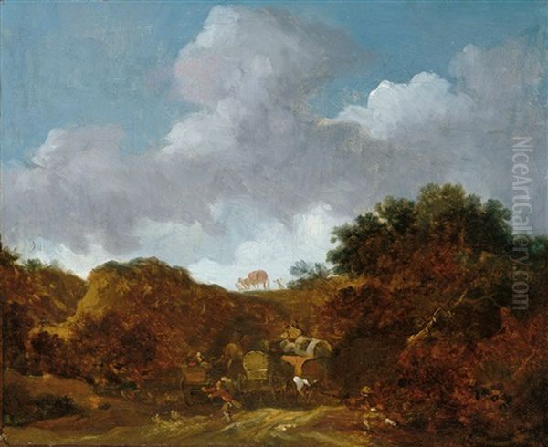 Bewaldete Landschaft Mit Einer Uberfallenen Wagenkolonne by Georges Michel