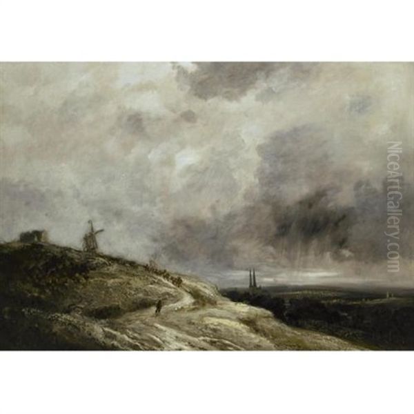 A Stormy Landscape With Windmills Oil Painting by Georges Michel