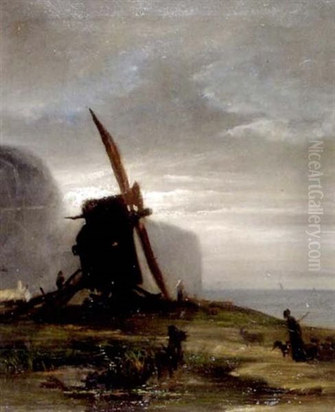 Windmuhle An Der Kuste Bei Dammerung Oil Painting by Georges Michel